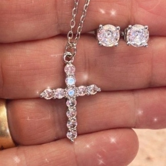 The Unbranded Brand Jewelry - Religious Cross Necklace & Stud Earring Set Sterling Silver Moissanite Women 16